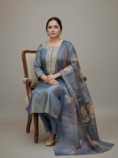 Silk Blend Grey Straight Suit Set for Women