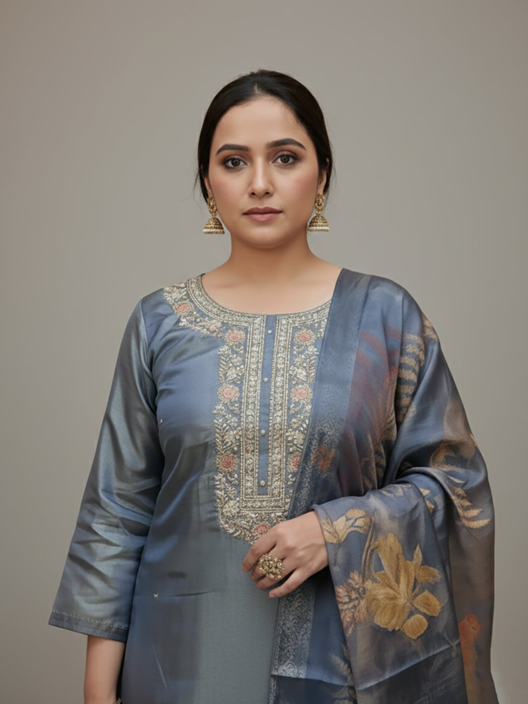 Silk Blend Grey Straight Suit Set for Women