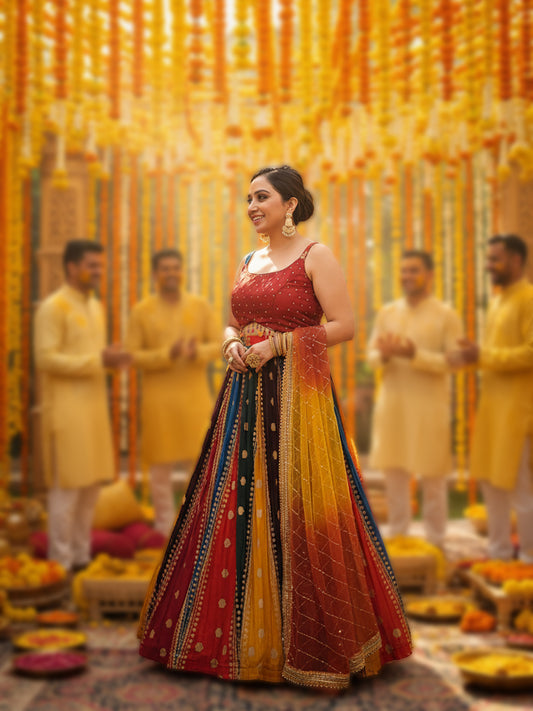 Multicolor Ready to Wear Designer Lehenga Choli Set for Women. Heavy shaded net dupatta. Festive Ready.