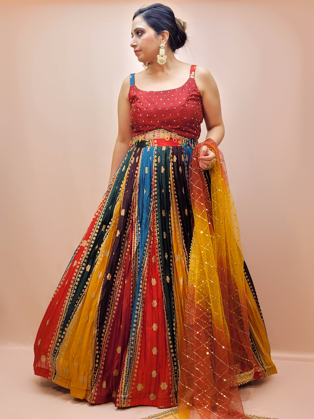 Multicolor Ready to Wear Designer Lehenga Choli Set for Women. Heavy shaded net dupatta. Festive Ready.