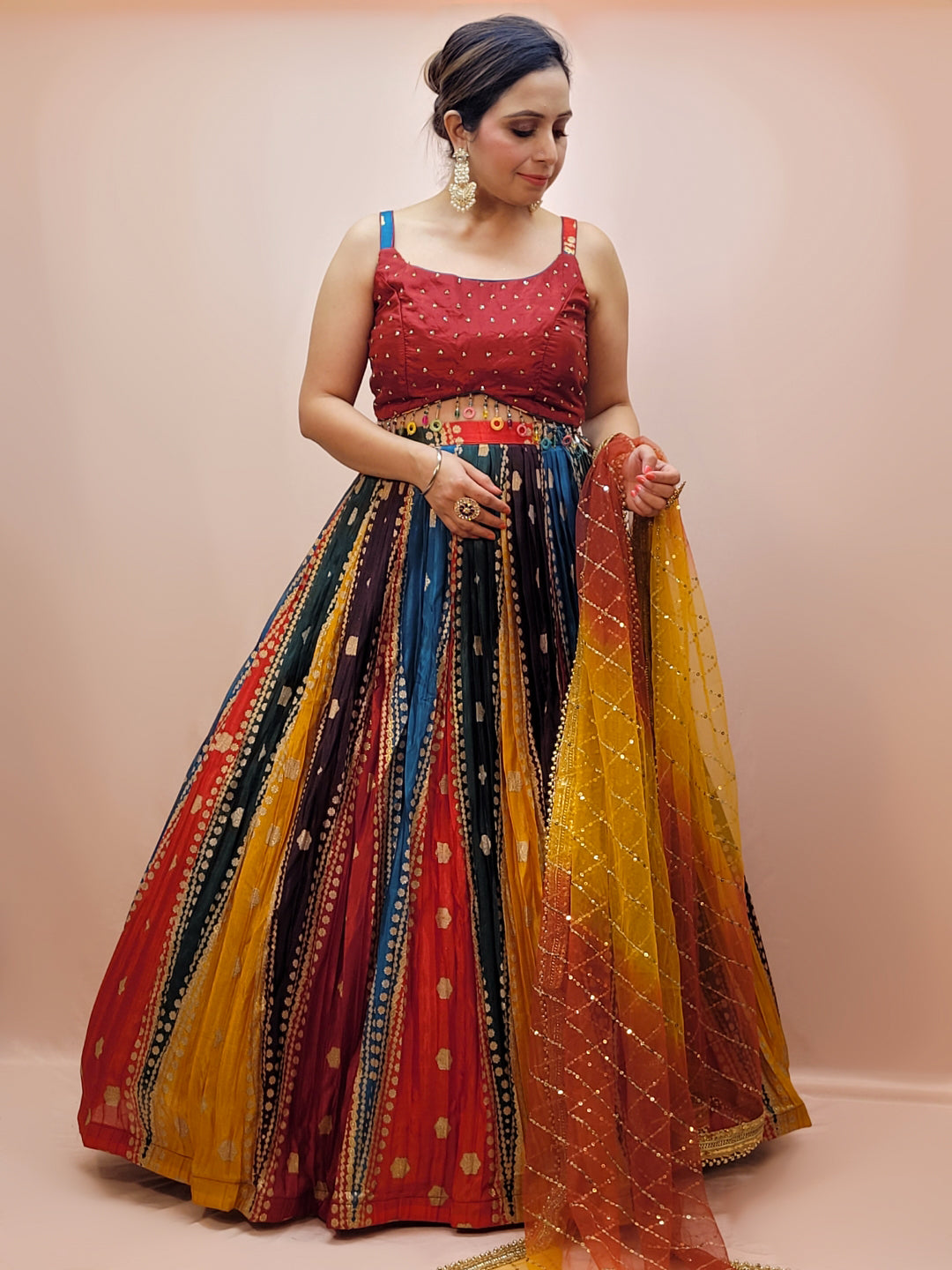 Multicolor Ready to Wear Designer Lehenga Choli Set for Women. Heavy shaded net dupatta. Festive Ready.