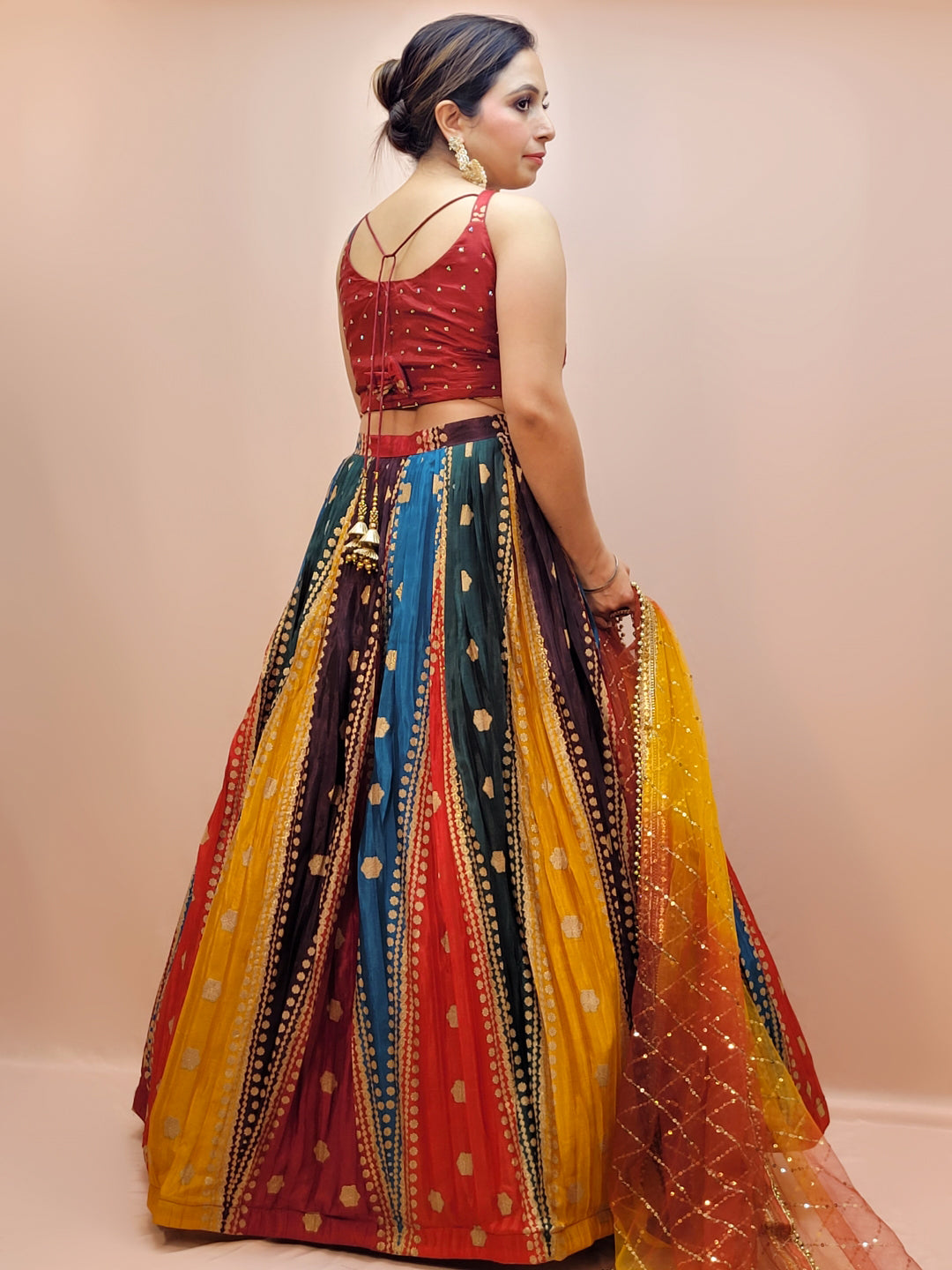 Multicolor Ready to Wear Designer Lehenga Choli Set for Women. Heavy shaded net dupatta. Festive Ready.