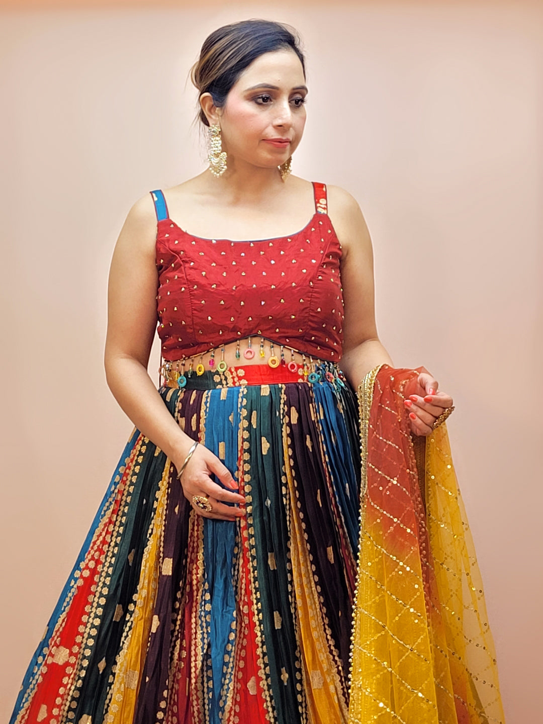 Multicolor Ready to Wear Designer Lehenga Choli Set for Women. Heavy shaded net dupatta. Festive Ready.