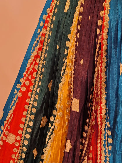 Multicolor Ready to Wear Designer Lehenga Choli Set for Women. Heavy shaded net dupatta. Festive Ready.