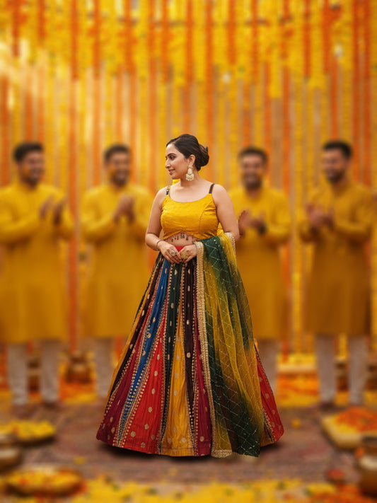 Multicolor Ready to Wear Wedding Lehenga Choli Set for Women. Heavy shaded net dupatta. Festive Ready.
