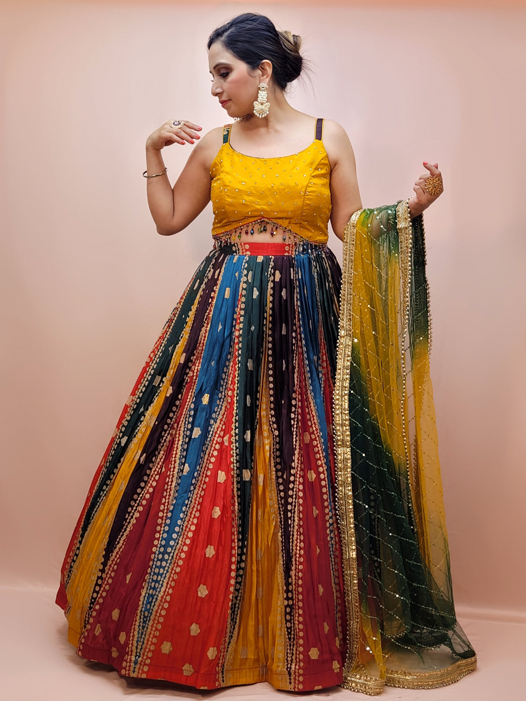 Multicolor Ready to Wear Wedding Lehenga Choli Set for Women. Heavy shaded net dupatta. Festive Ready.