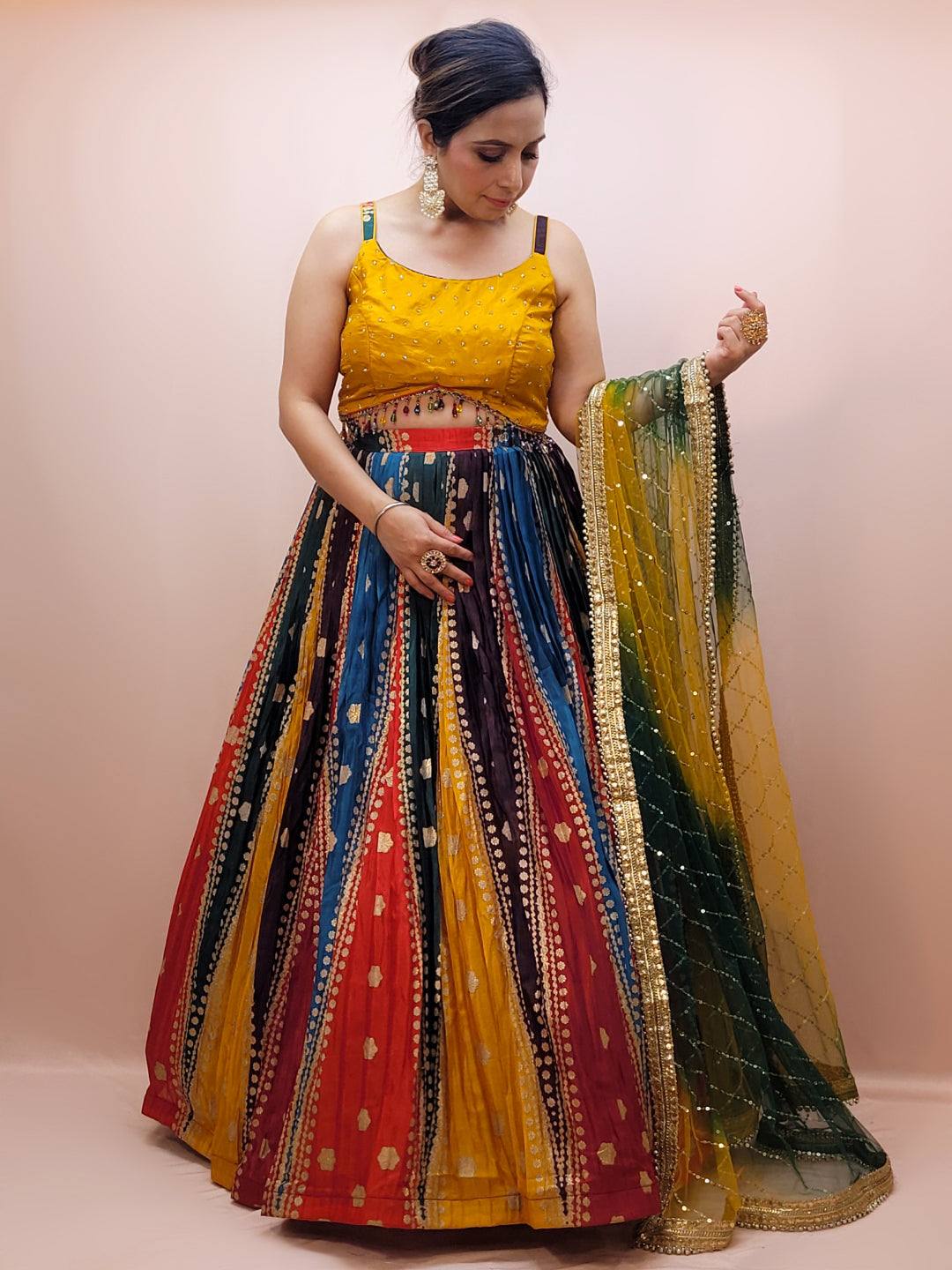 Multicolor Ready to Wear Wedding Lehenga Choli Set for Women. Heavy shaded net dupatta. Festive Ready.