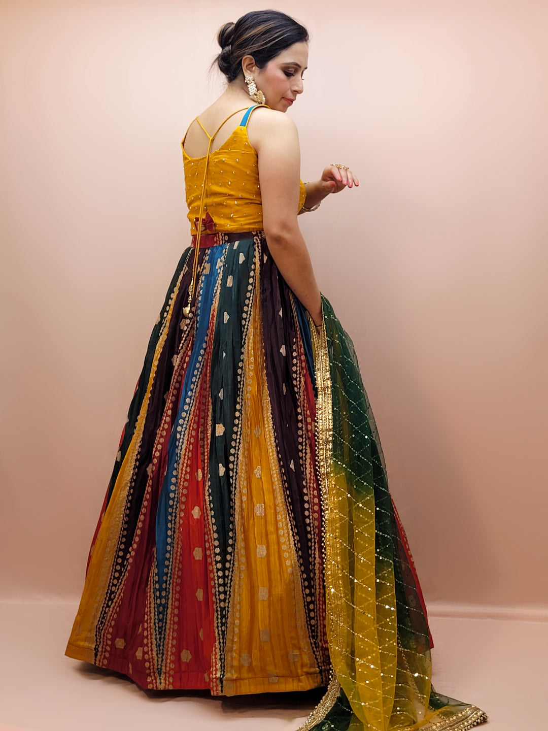 Multicolor Ready to Wear Wedding Lehenga Choli Set for Women. Heavy shaded net dupatta. Festive Ready.