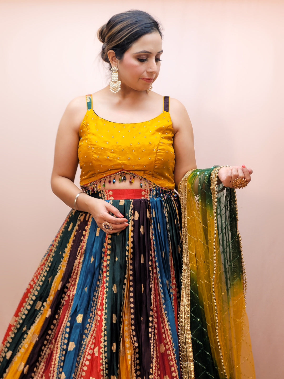 Multicolor Ready to Wear Wedding Lehenga Choli Set for Women. Heavy shaded net dupatta. Festive Ready.