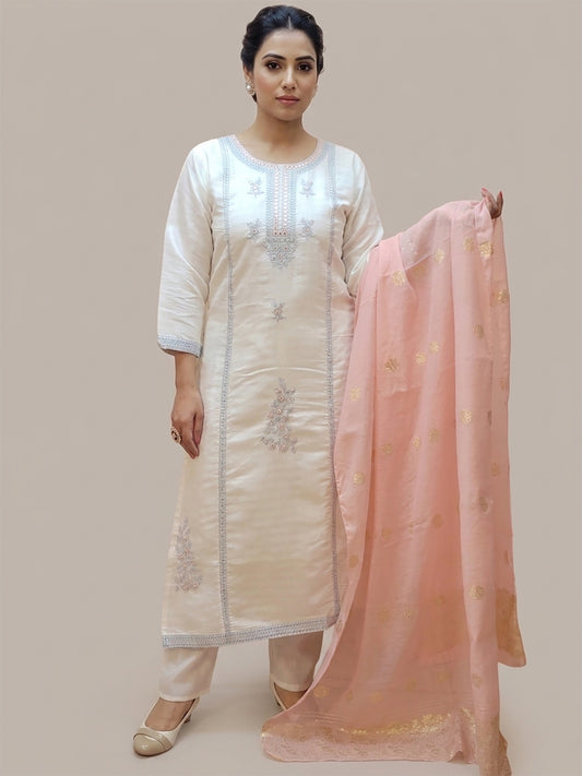 Off White Kurti Pant Set with contrast Dupatta