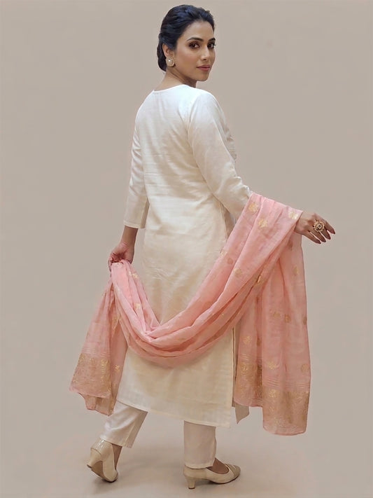 Off White Kurti Pant Set with contrast Dupatta