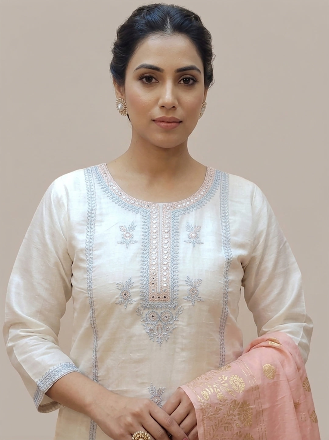 Off White Kurti Pant Set with contrast Dupatta