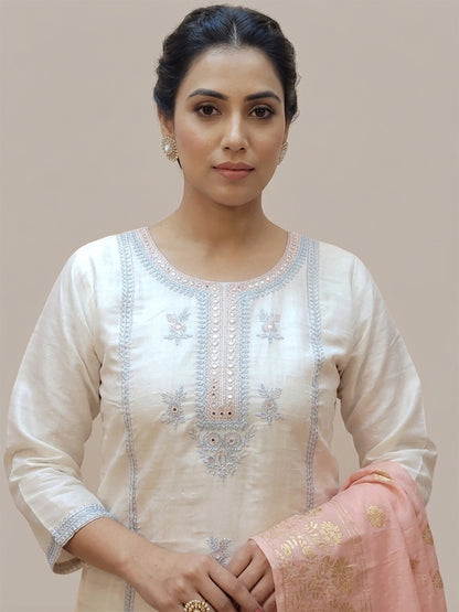 Off White Kurti Pant Set with contrast Dupatta