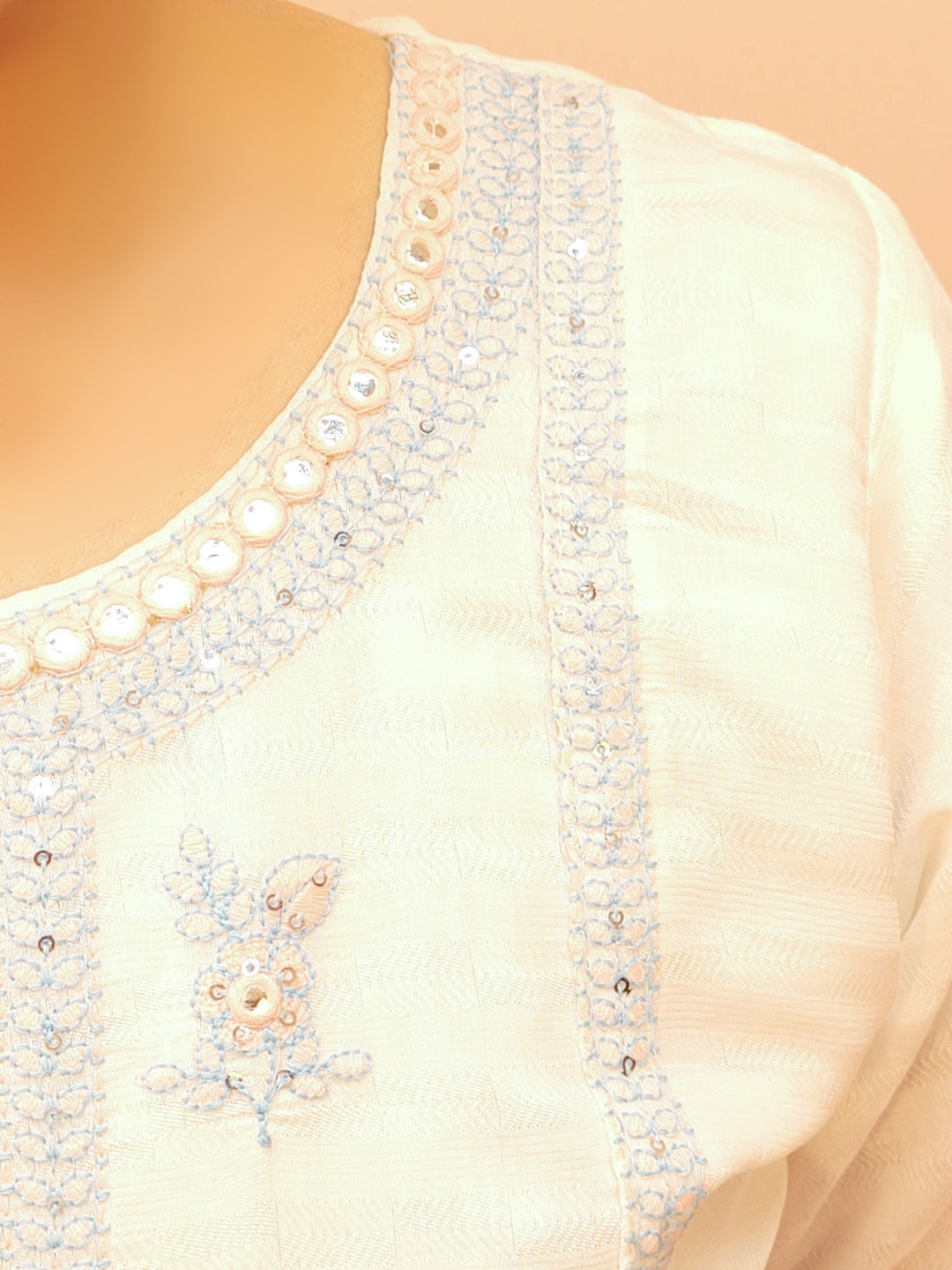 Off White Kurti Pant Set with contrast Dupatta