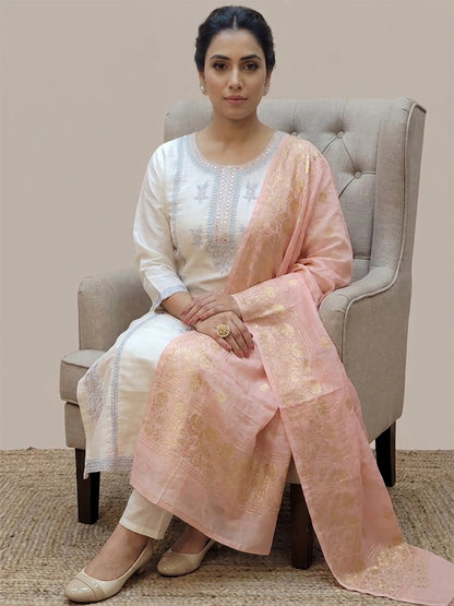 Off White Kurti Pant Set with contrast Dupatta