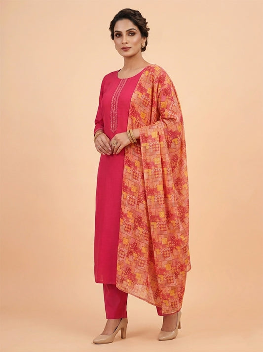 Pink Kurti Pant Set with Digital Print Dupatta