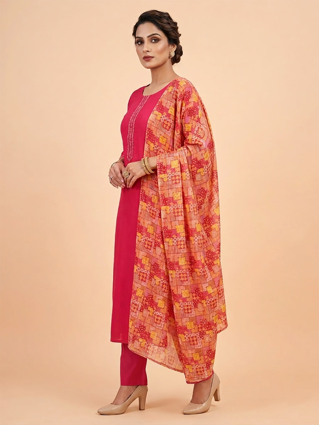 Pink Kurti Pant Set with Digital Print Dupatta