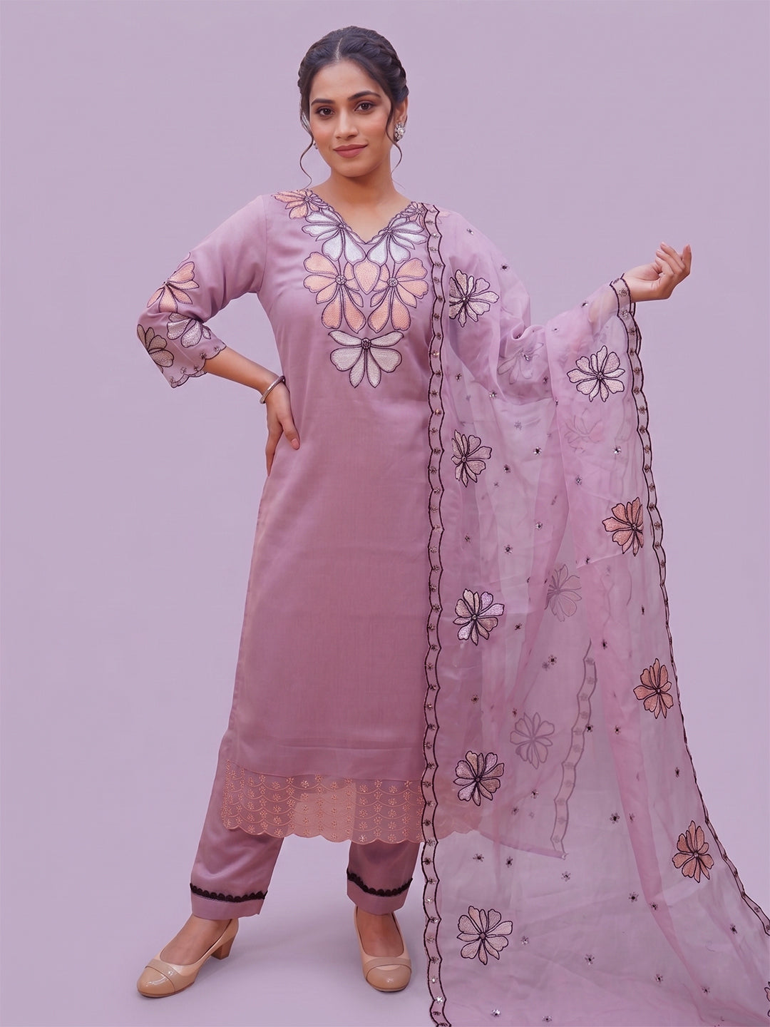 Lavender Kurti Pant Set for Women with Embroidered Dupatta