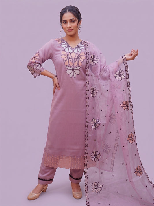 Lavender Kurti Pant Set for Women with Embroidered Dupatta