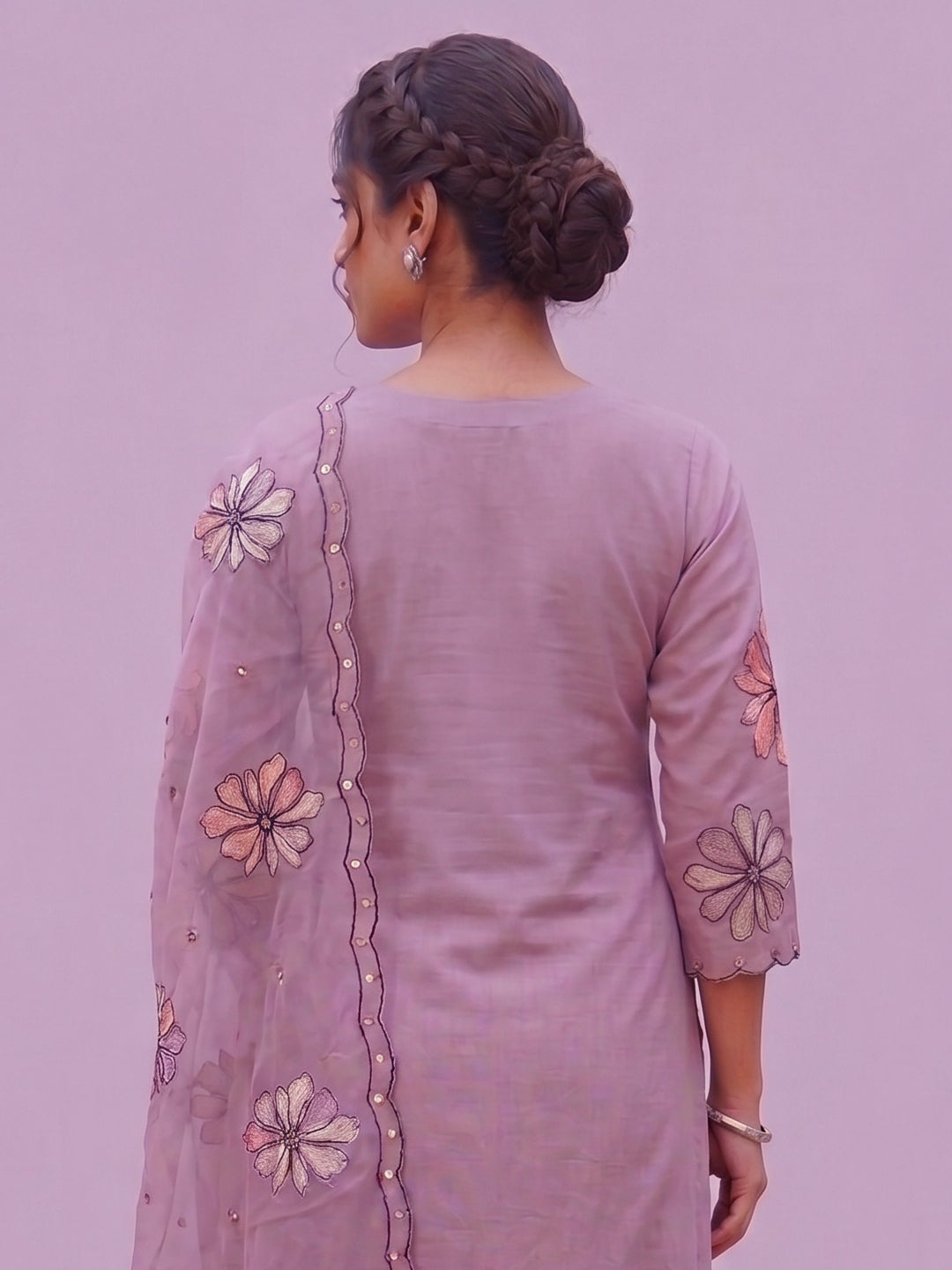 Lavender Kurti Pant Set for Women with Embroidered Dupatta