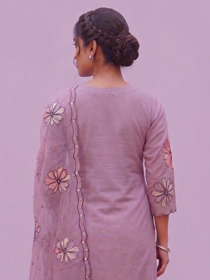 Lavender Kurti Pant Set for Women with Embroidered Dupatta