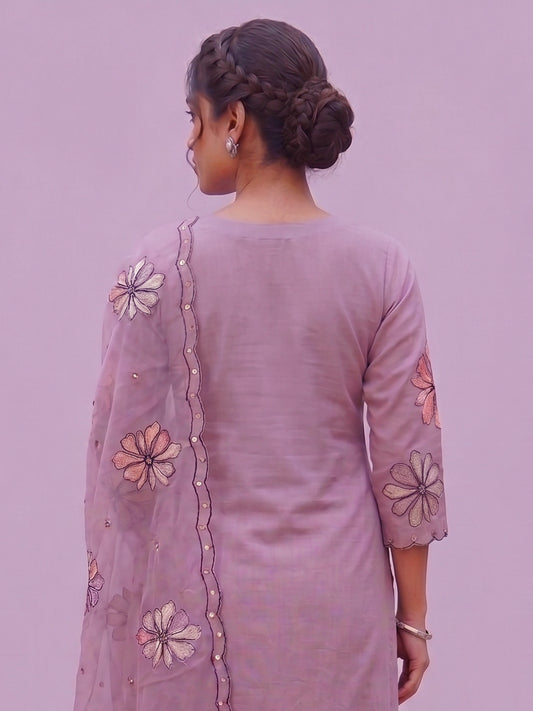 Lavender Kurti Pant Set for Women with Embroidered Dupatta