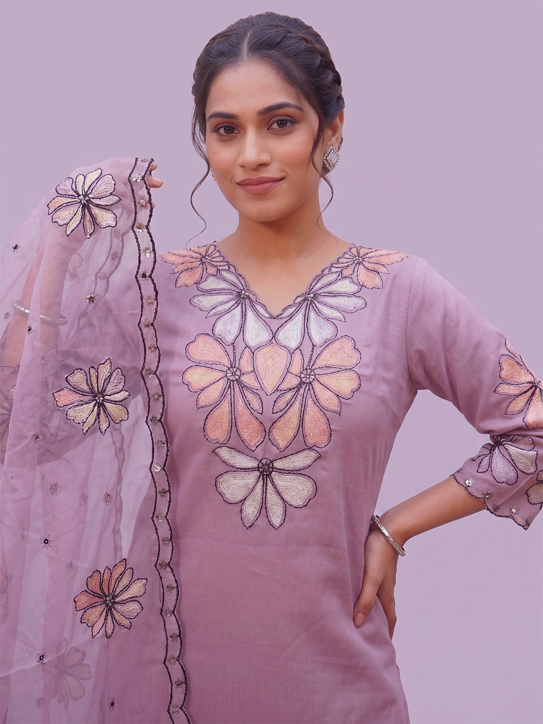 Lavender Kurti Pant Set for Women with Embroidered Dupatta