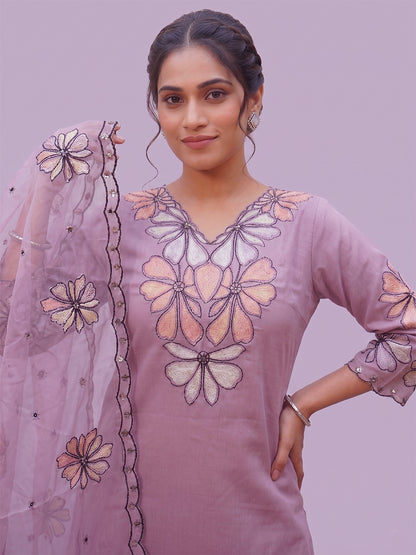 Lavender Kurti Pant Set for Women with Embroidered Dupatta