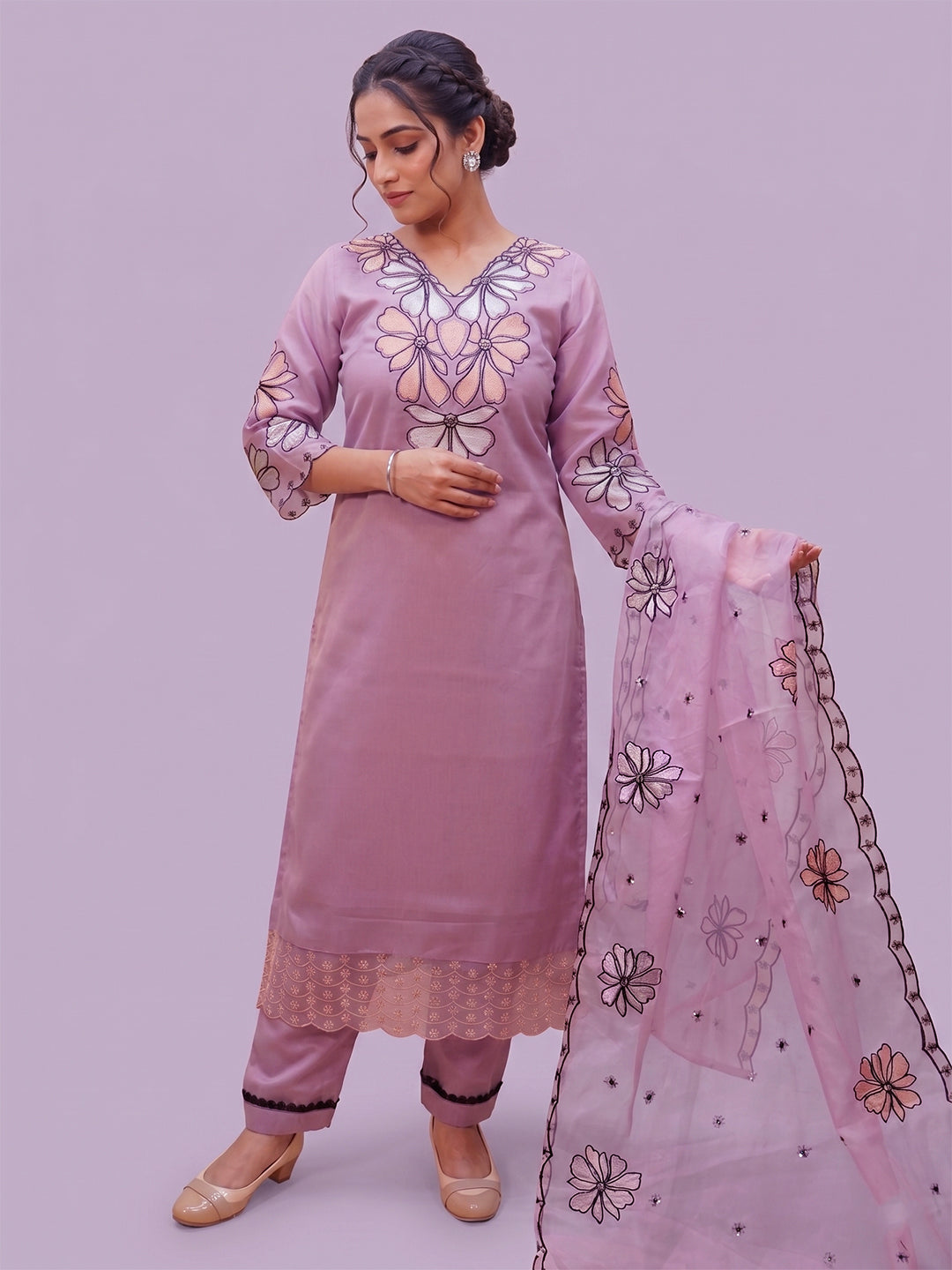 Lavender Kurti Pant Set for Women with Embroidered Dupatta