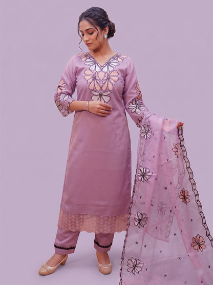 Lavender Kurti Pant Set for Women with Embroidered Dupatta