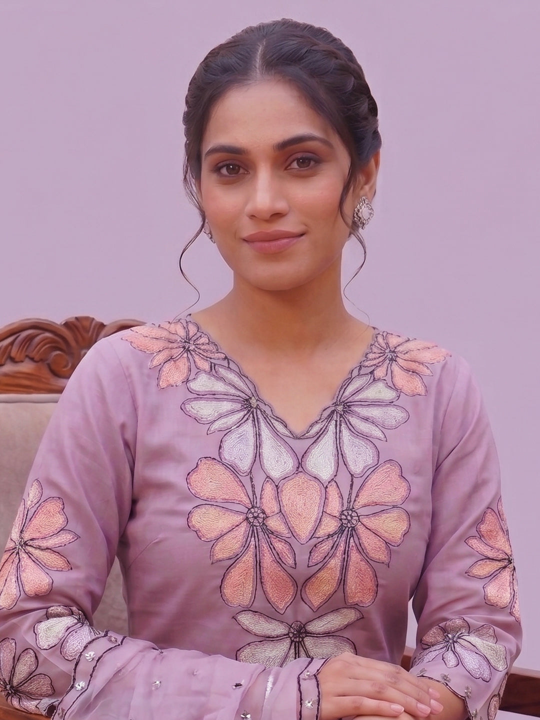 Lavender Kurti Pant Set for Women with Embroidered Dupatta