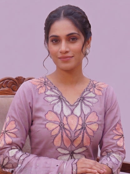 Lavender Kurti Pant Set for Women with Embroidered Dupatta
