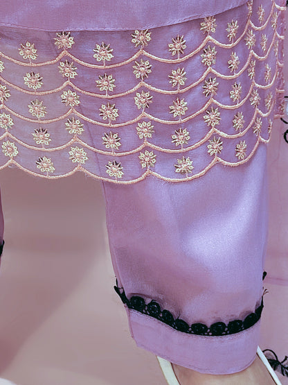 Lavender Kurti Pant Set for Women with Embroidered Dupatta