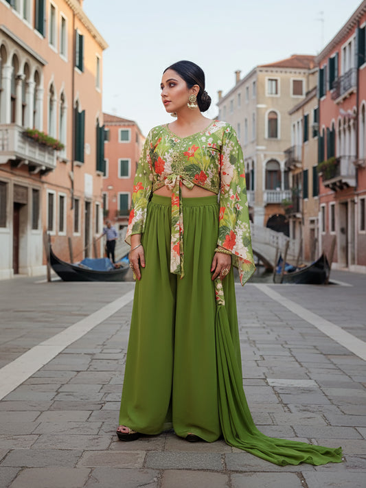 Mehendi Green Palazzo Set with Floral Print Crop Top. Womens Indo western outfit. Choker Stole included.