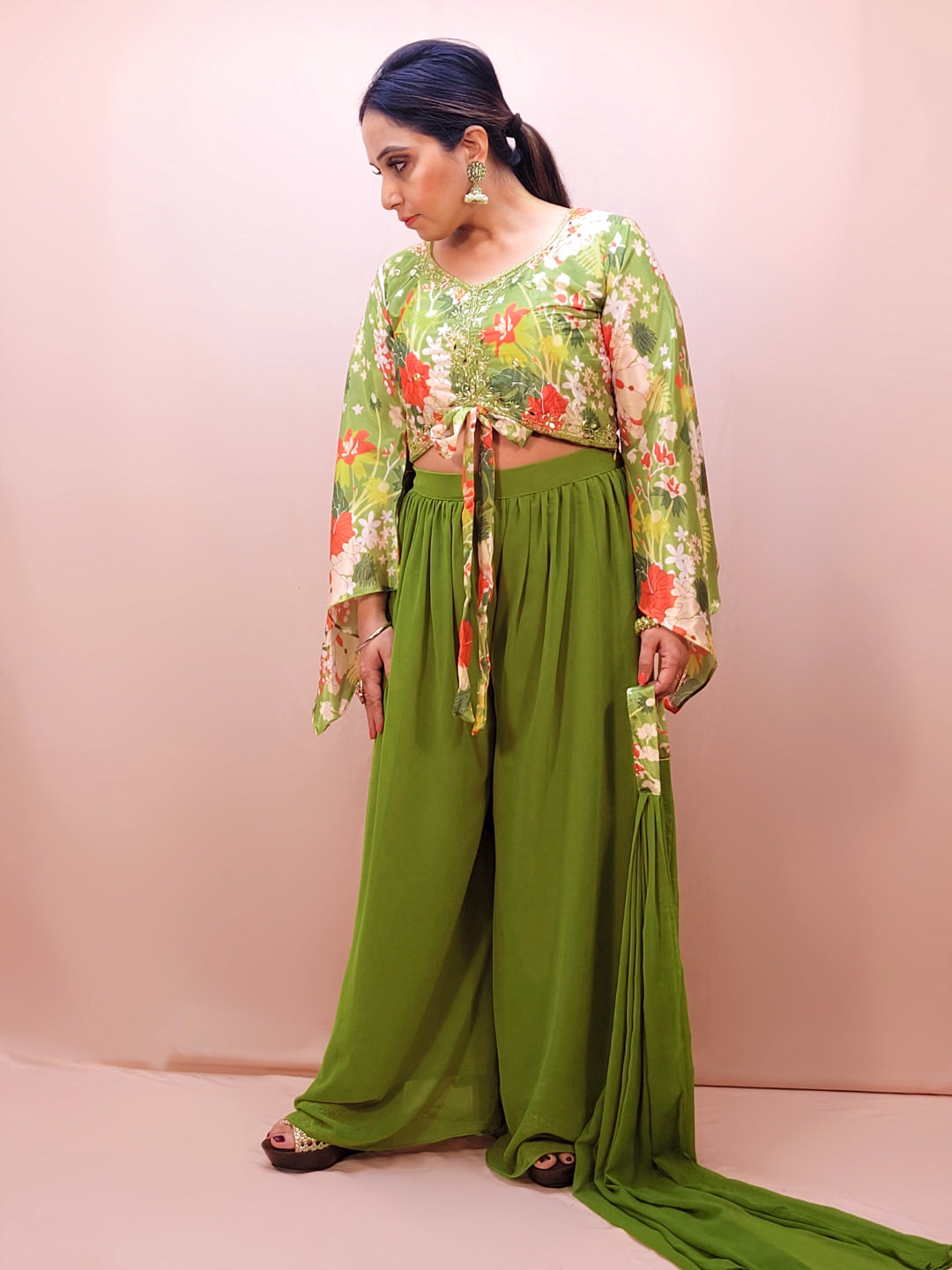 Mehendi Green Palazzo Set with Floral Print Crop Top. Womens Indo western outfit. Choker Stole included.