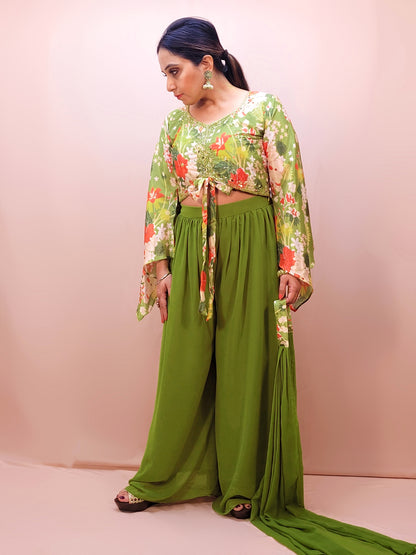 Mehendi Green Palazzo Set with Floral Print Crop Top. Womens Indo western outfit. Choker Stole included.