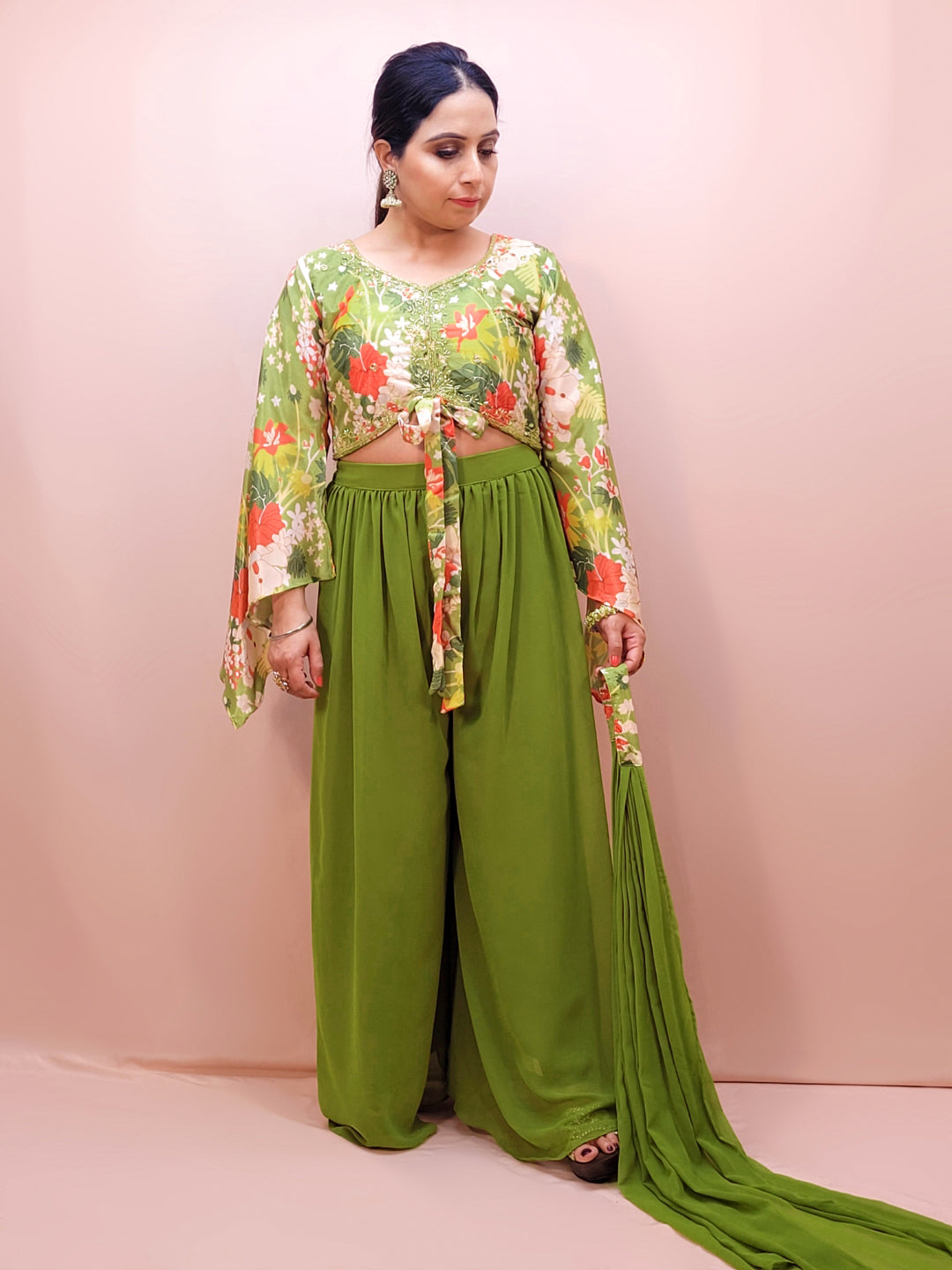 Mehendi Green Palazzo Set with Floral Print Crop Top. Womens Indo western outfit. Choker Stole included.