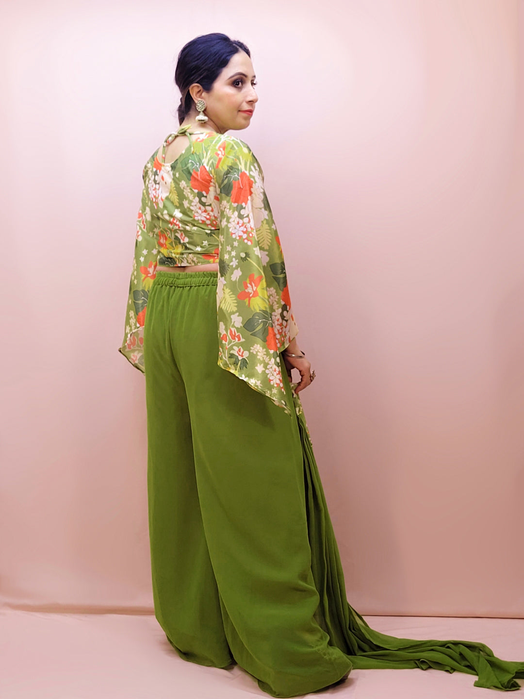 Mehendi Green Palazzo Set with Floral Print Crop Top. Womens Indo western outfit. Choker Stole included.