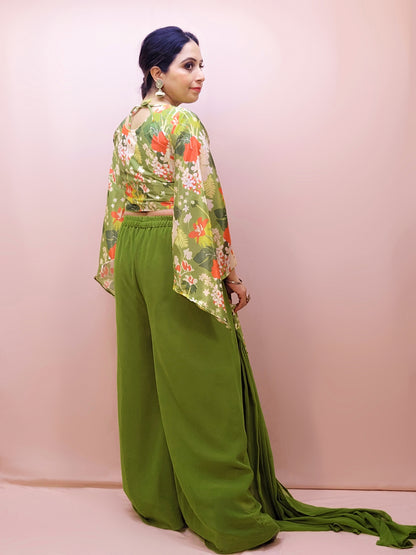 Mehendi Green Palazzo Set with Floral Print Crop Top. Womens Indo western outfit. Choker Stole included.