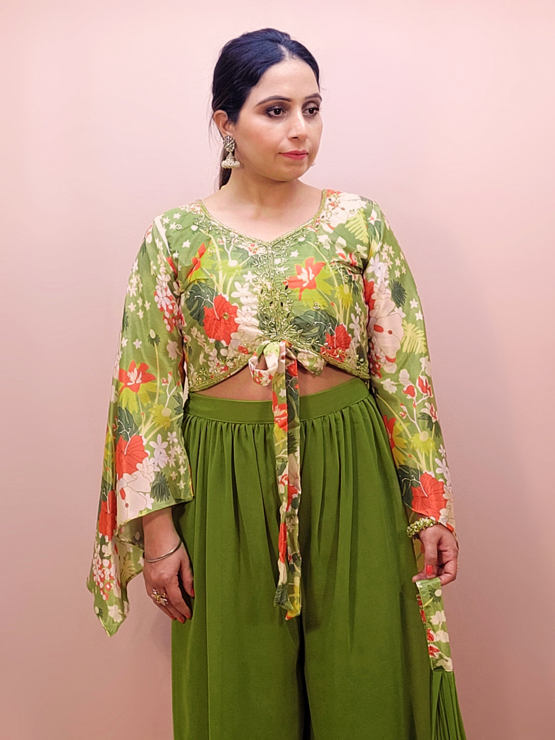 Mehendi Green Palazzo Set with Floral Print Crop Top. Womens Indo western outfit. Choker Stole included.