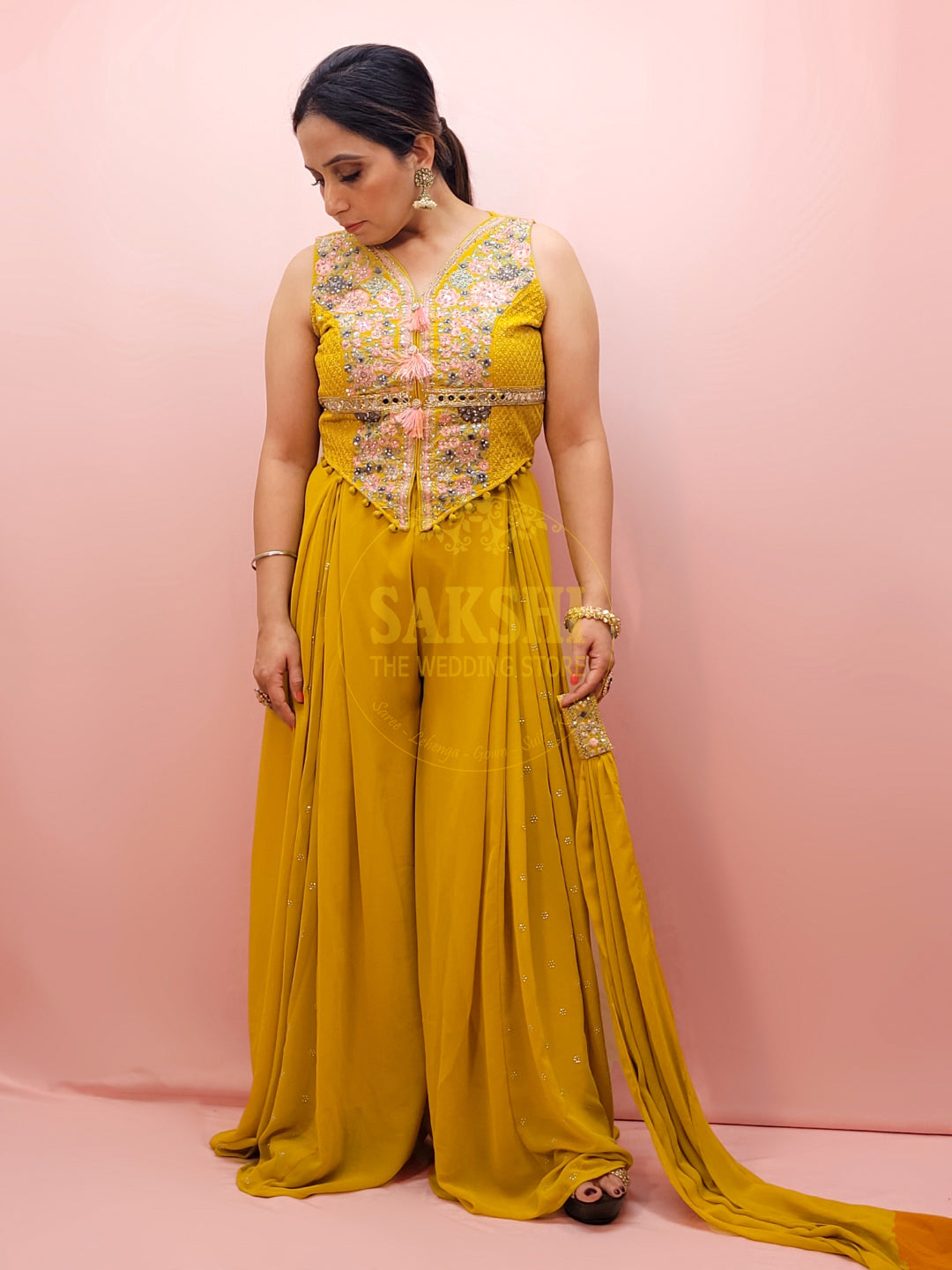 mustard yellow indo western dress Hand-Embroidered Mustard Silk Palazzo Set: Indo-Western Haldi Outfit