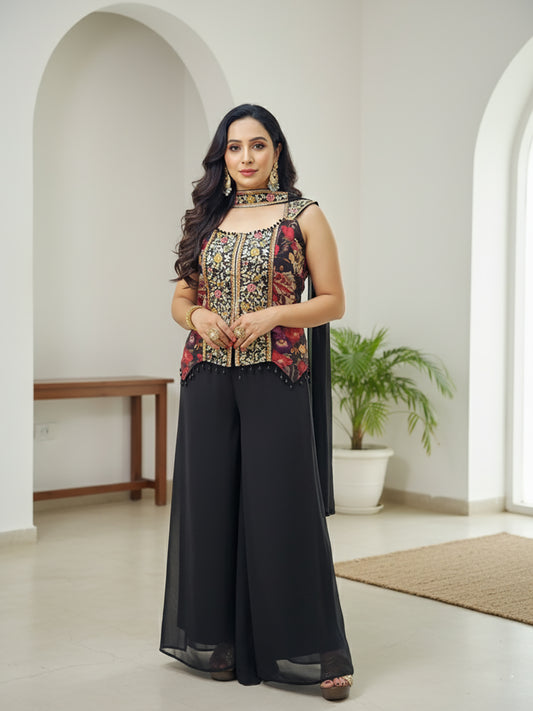 Black Palazzo Set with designer floral embroidery