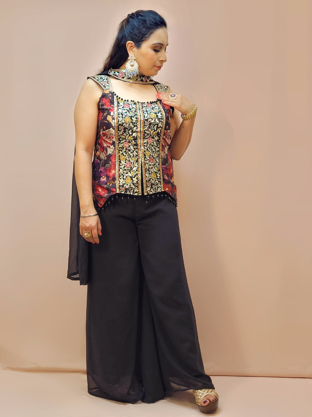 Black Palazzo Set with designer floral embroidery