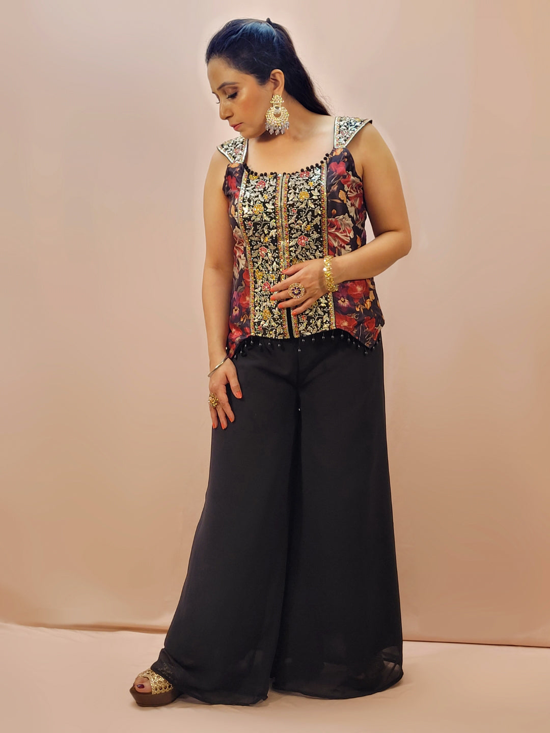 Black Palazzo Set with designer floral embroidery
