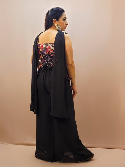 Black Palazzo Set with designer floral embroidery