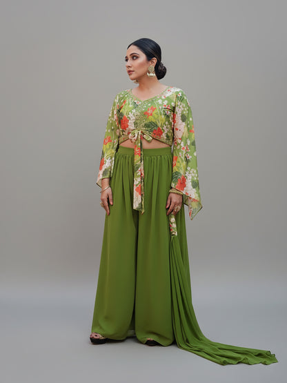 Mehendi Green Palazzo Set with Floral Print Crop Top