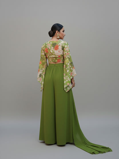Mehendi Green Palazzo Set with Floral Print Crop Top