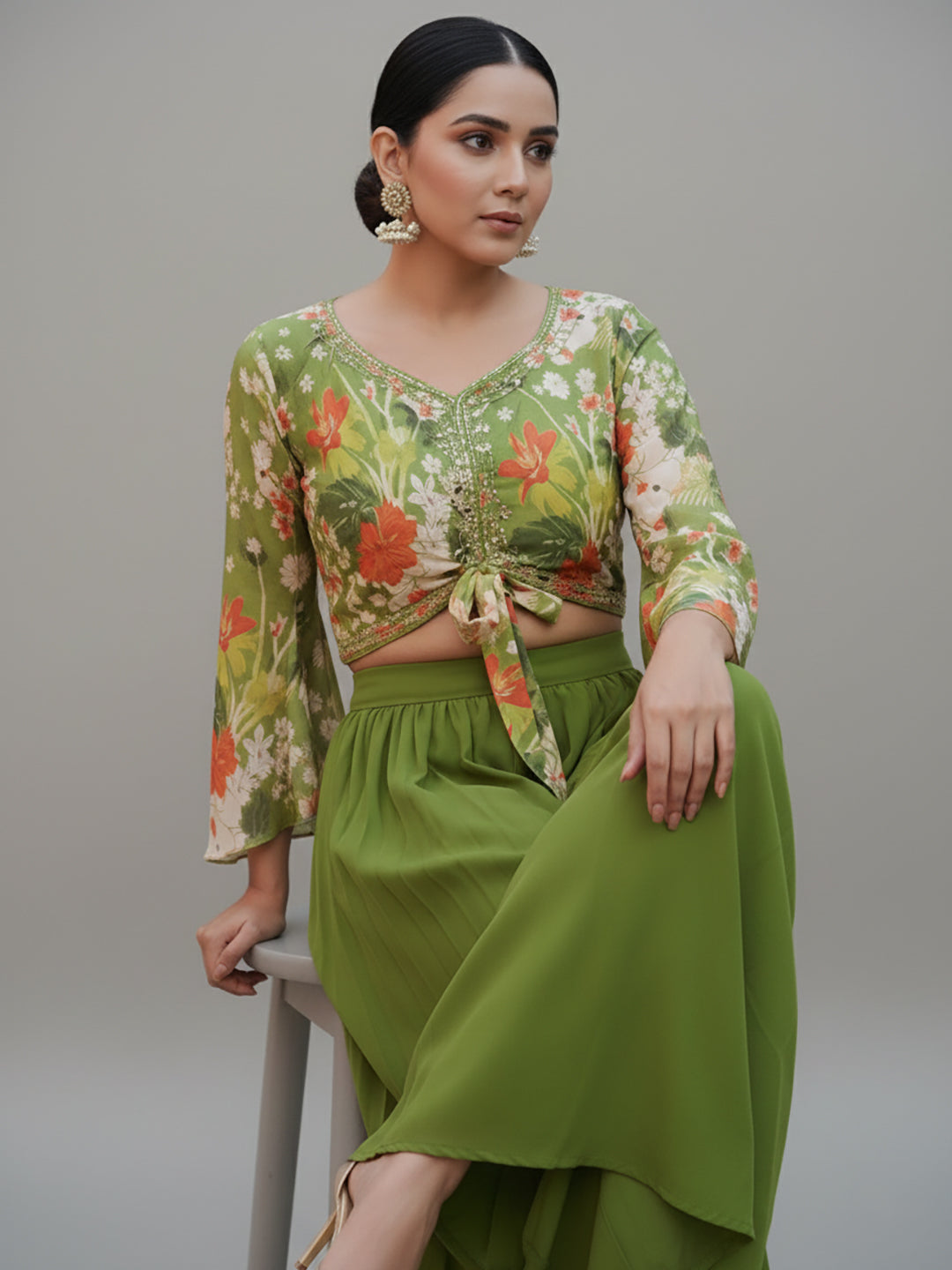 Mehendi Green Palazzo Set with Floral Print Crop Top