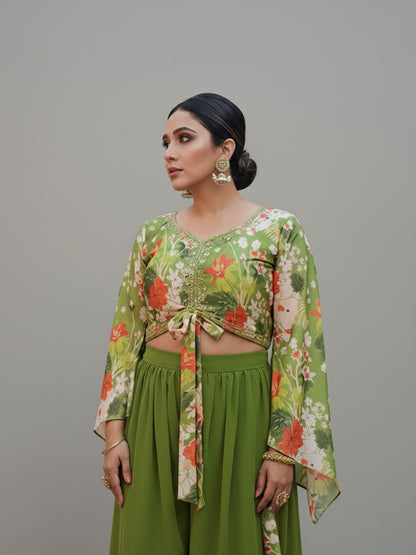 Mehendi Green Palazzo Set with Floral Print Crop Top