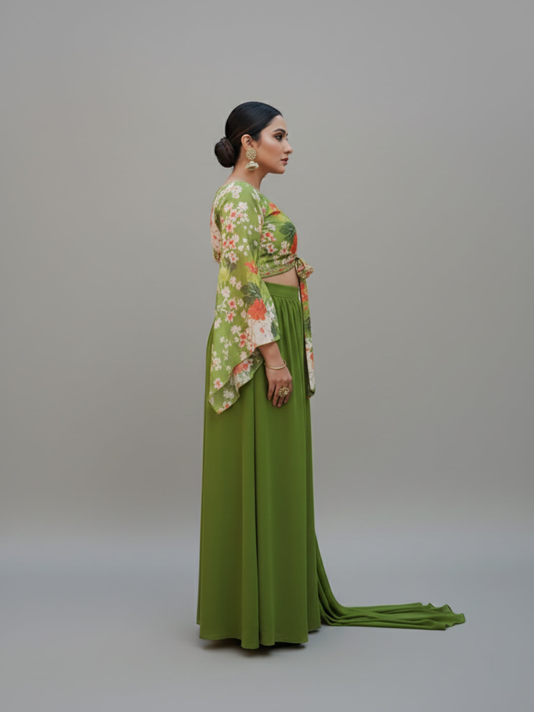 Mehendi Green Palazzo Set with Floral Print Crop Top